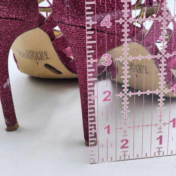 Belle Badgley Mischka Zandra Lace Up Strappy Pink Glitter Heels Size 7 - Picture 9 of 9
